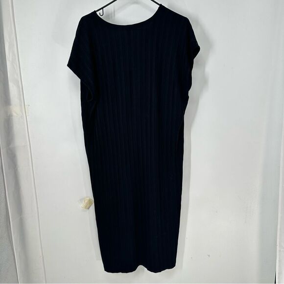 Eileen Fisher Black Ribbed V-Neck Cap Sleeve Hi-Low Hem Tencel Midi Dress XL - Picture 1 of 11